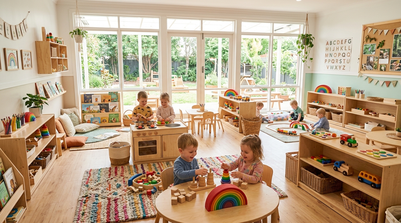 Bright and spacious main nursery playroom with orange pillars